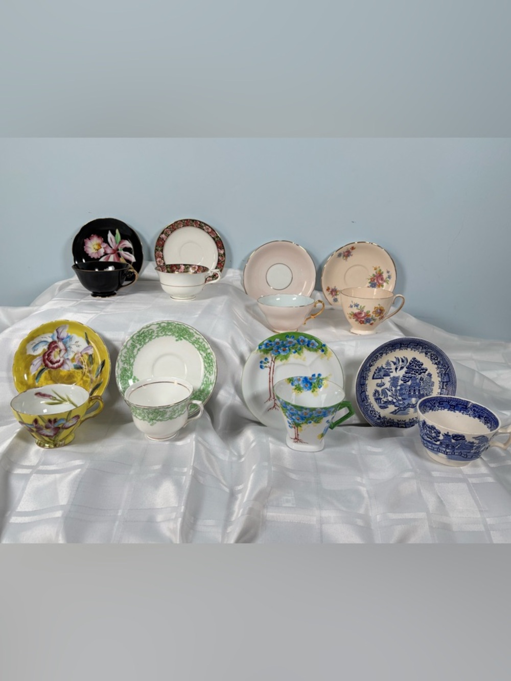 Assorted Teacup & Saucers - Mixed Colours Bundled as 8